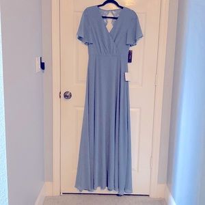 Short sleeve floor length blue dress with open lace back